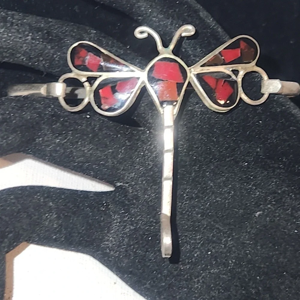 Vintage Dragonfly Inlay Cuff Bracelet Red Black‎ Mosaic Silver Tone Artisan Boho